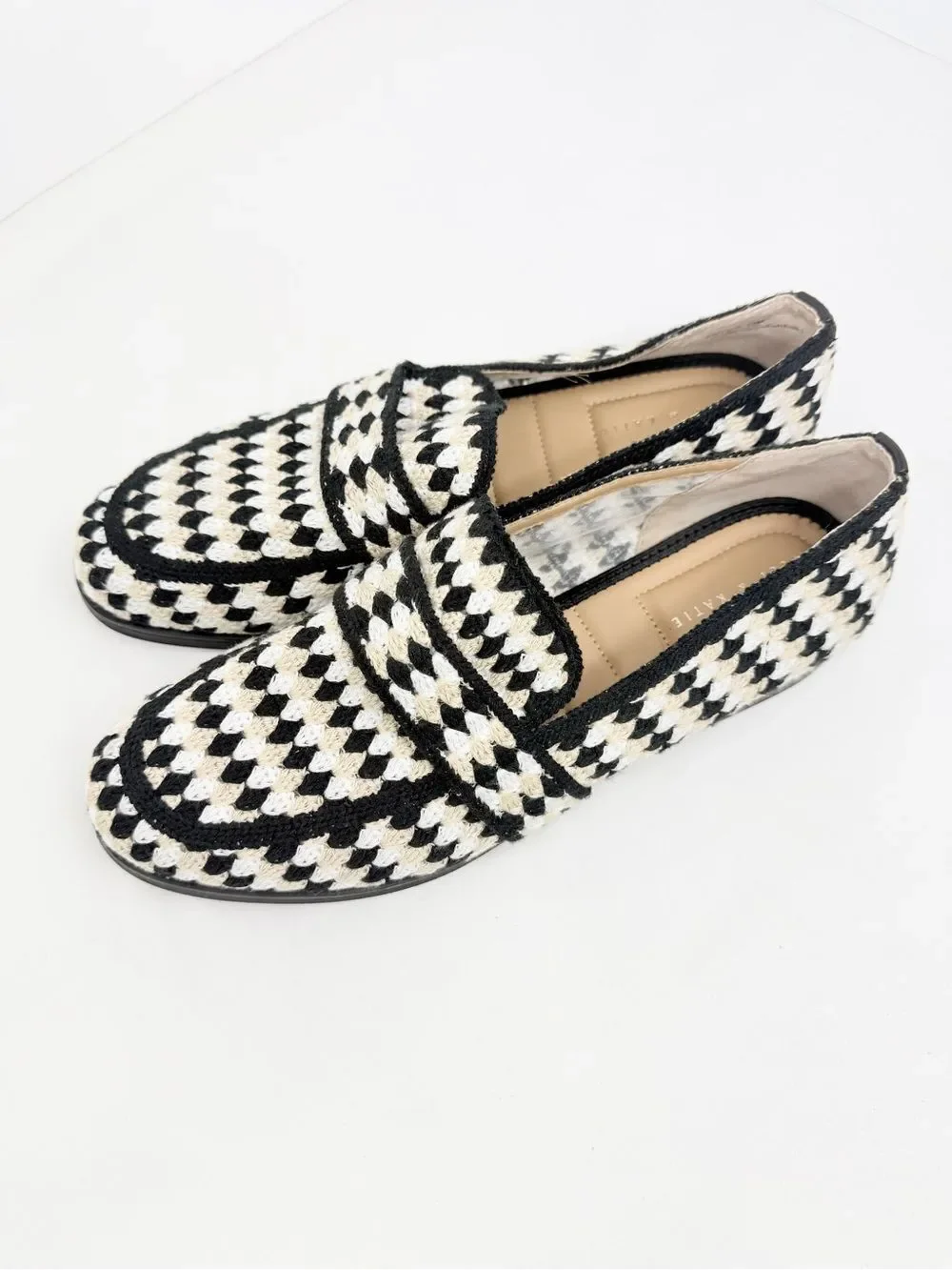 Kelly & Katie BALAC Slip On Loafer In Black White Beige Geometric Check Textile